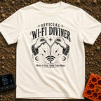 The WiFi Whisperer - T-Shirt in Ivory - A black and white illustration of two hands wearing star-and-moon-patterned...