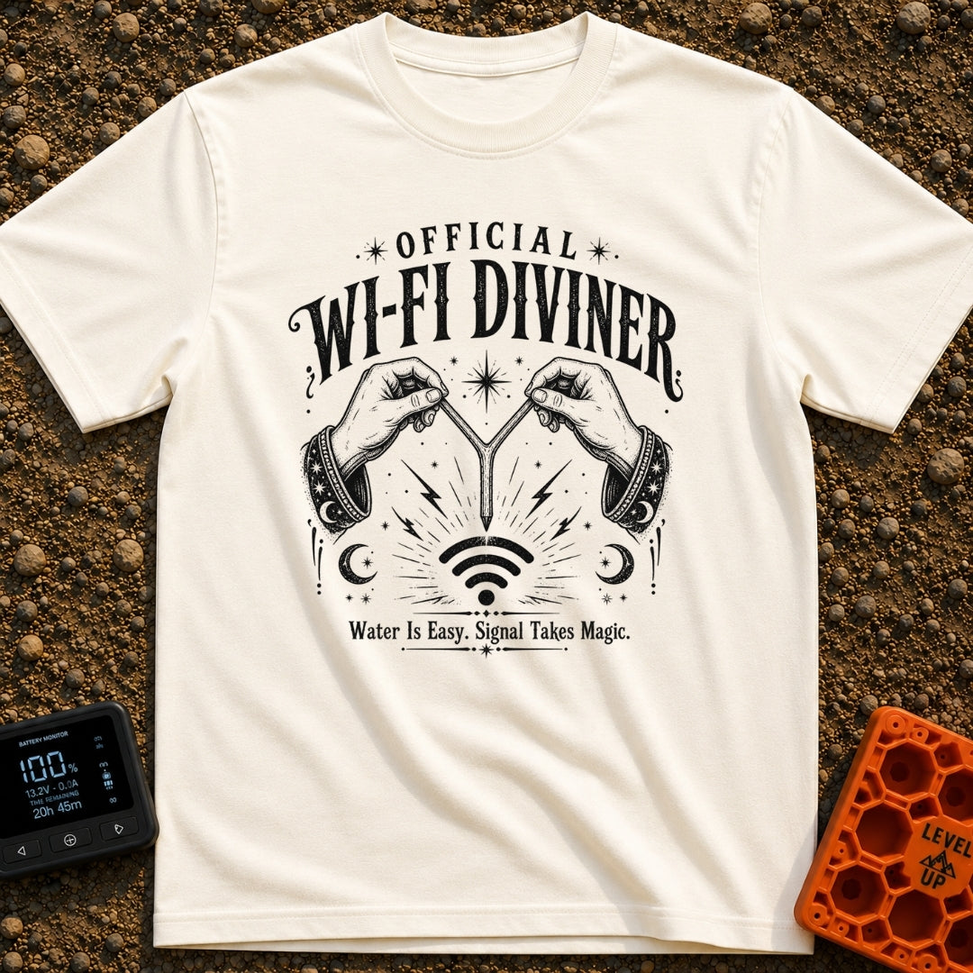 The WiFi Whisperer - T-Shirt in Ivory - A black and white illustration of two hands wearing star-and-moon-patterned...