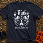 The WiFi Whisperer - T-Shirt in Navy - A black and white illustration of two hands wearing star-and-moon-patterned...