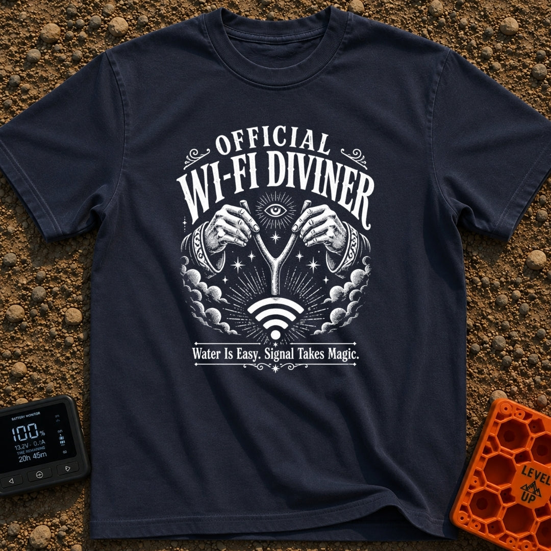 The WiFi Whisperer - T-Shirt in Navy - A black and white illustration of two hands wearing star-and-moon-patterned...