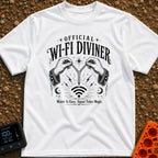 The WiFi Whisperer - T-Shirt in White - A black and white illustration of two hands wearing star-and-moon-patterned...