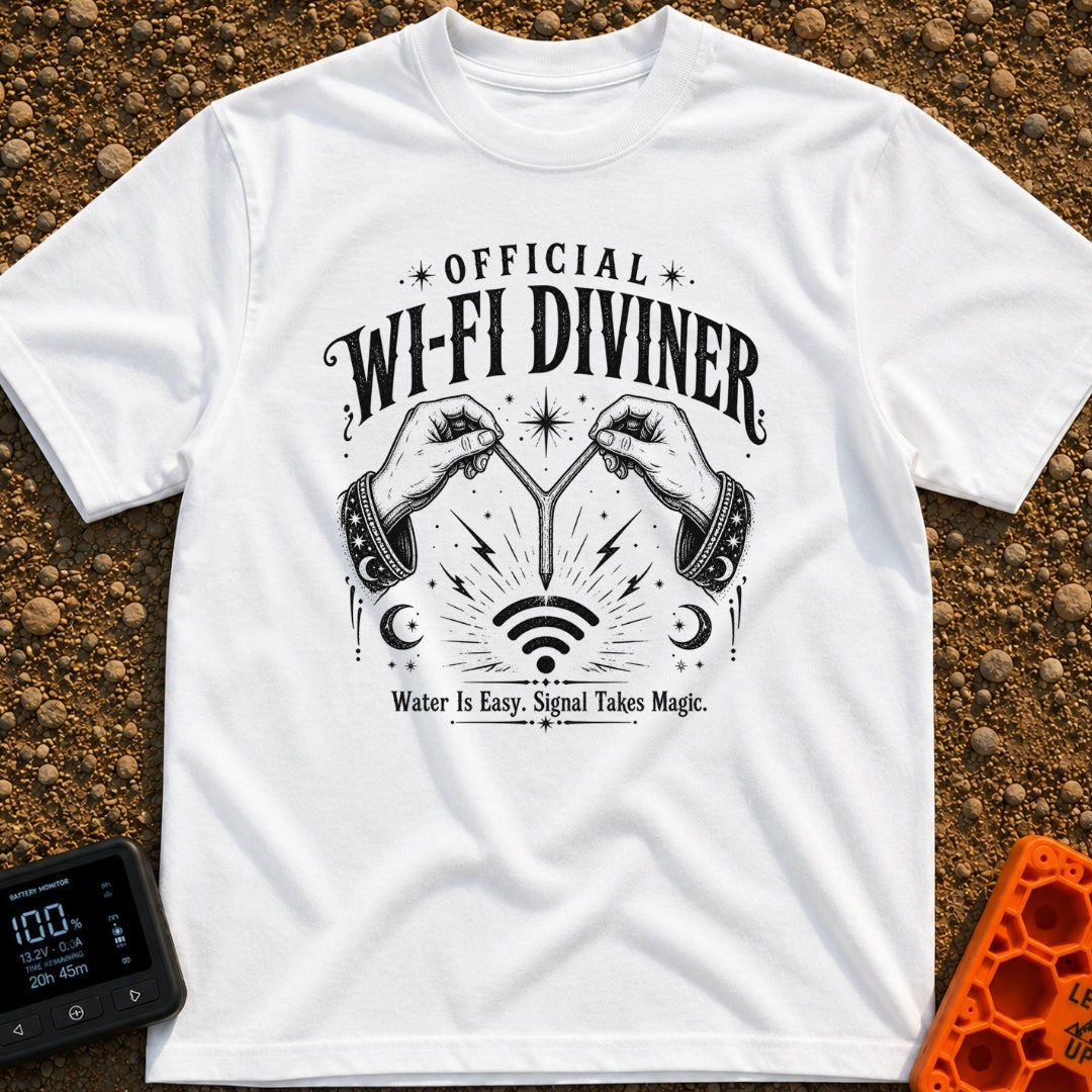 The WiFi Whisperer - T-Shirt in White - A black and white illustration of two hands wearing star-and-moon-patterned...