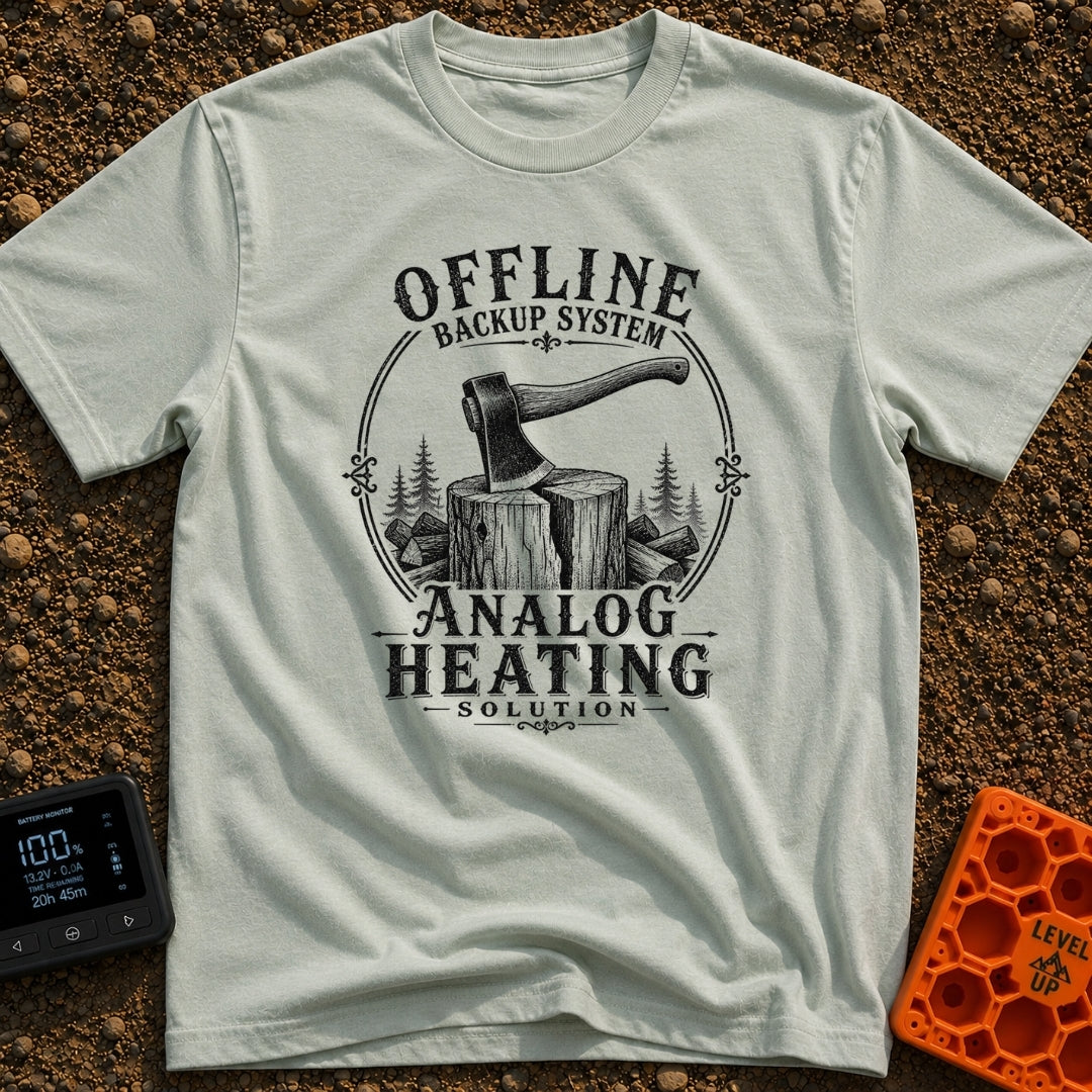 Offline Backup Plan - T-Shirt in Bay - A black and white, vintage-style illustration of an axe embedded in a wooden...