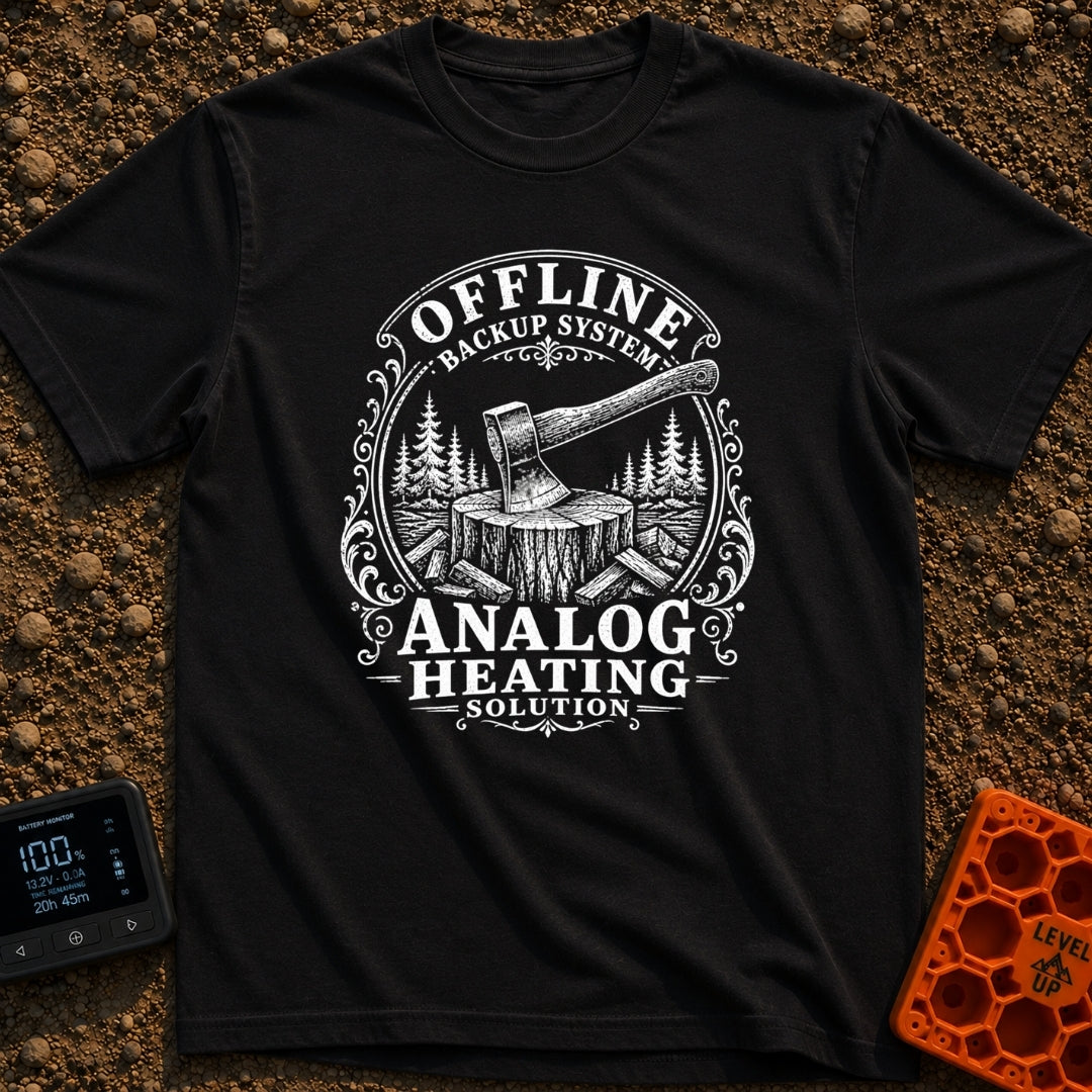 Offline Backup Plan - T-Shirt in Black - A black and white, vintage-style illustration of an axe embedded in a wooden...