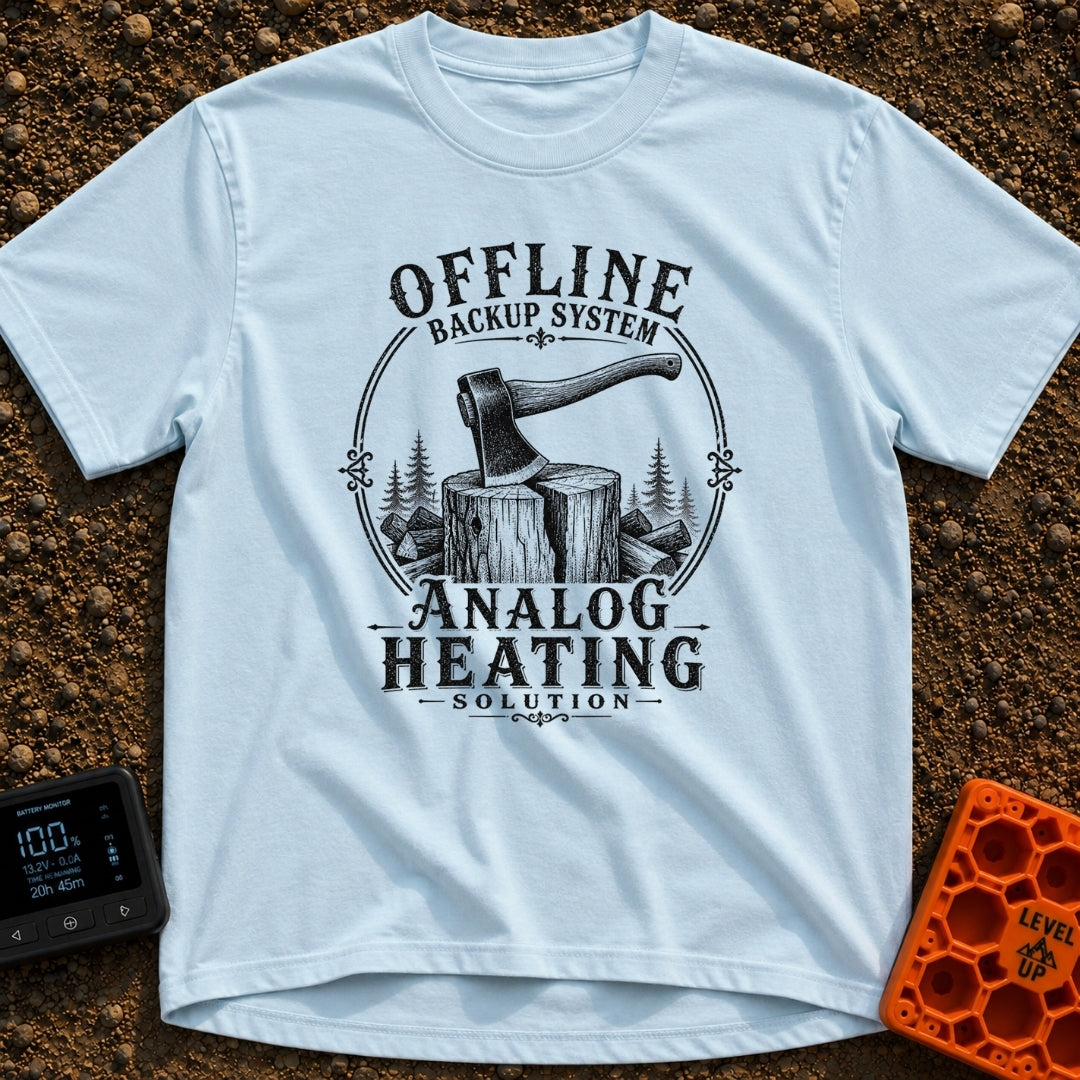 Offline Backup Plan - T-Shirt in Chambray - A black and white, vintage-style illustration of an axe embedded in a wooden...