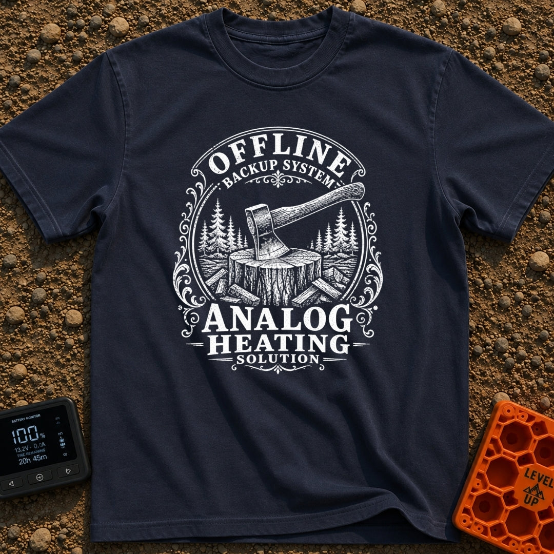 Offline Backup Plan - T-Shirt in Navy - A black and white, vintage-style illustration of an axe embedded in a wooden...