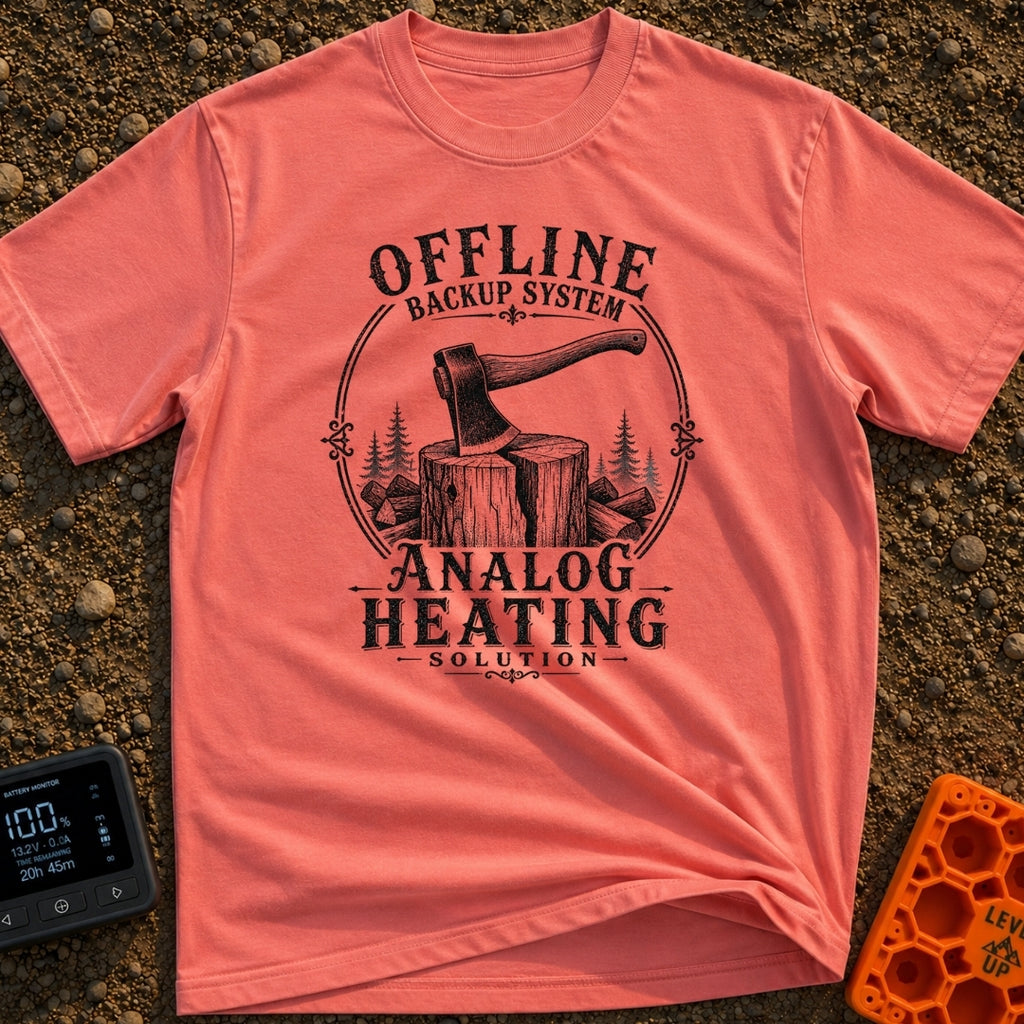 Offline Backup Plan - T-Shirt in Watermelon - A black and white, vintage-style illustration of an axe embedded in a...