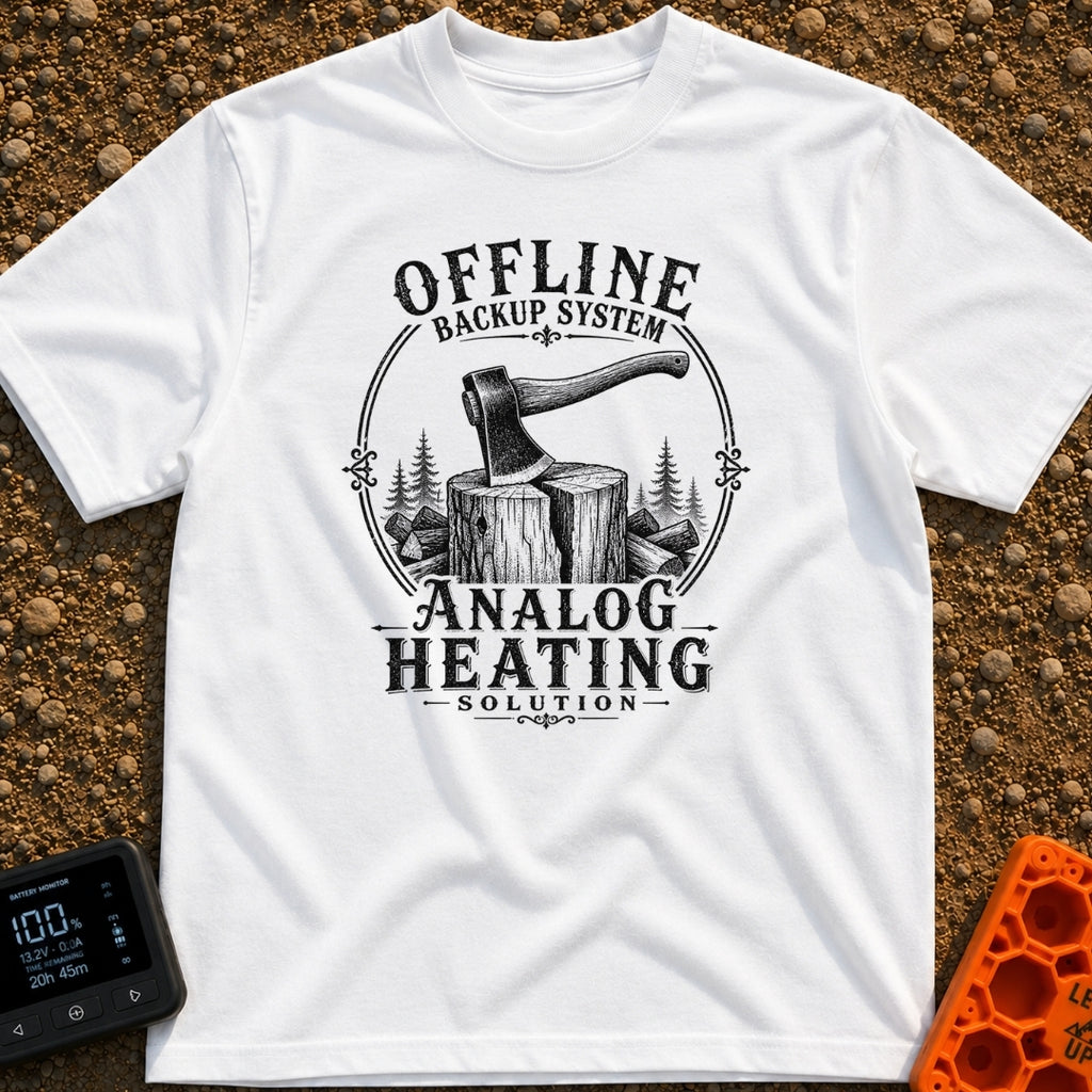 Offline Backup Plan - T-Shirt in White - A black and white, vintage-style illustration of an axe embedded in a wooden...