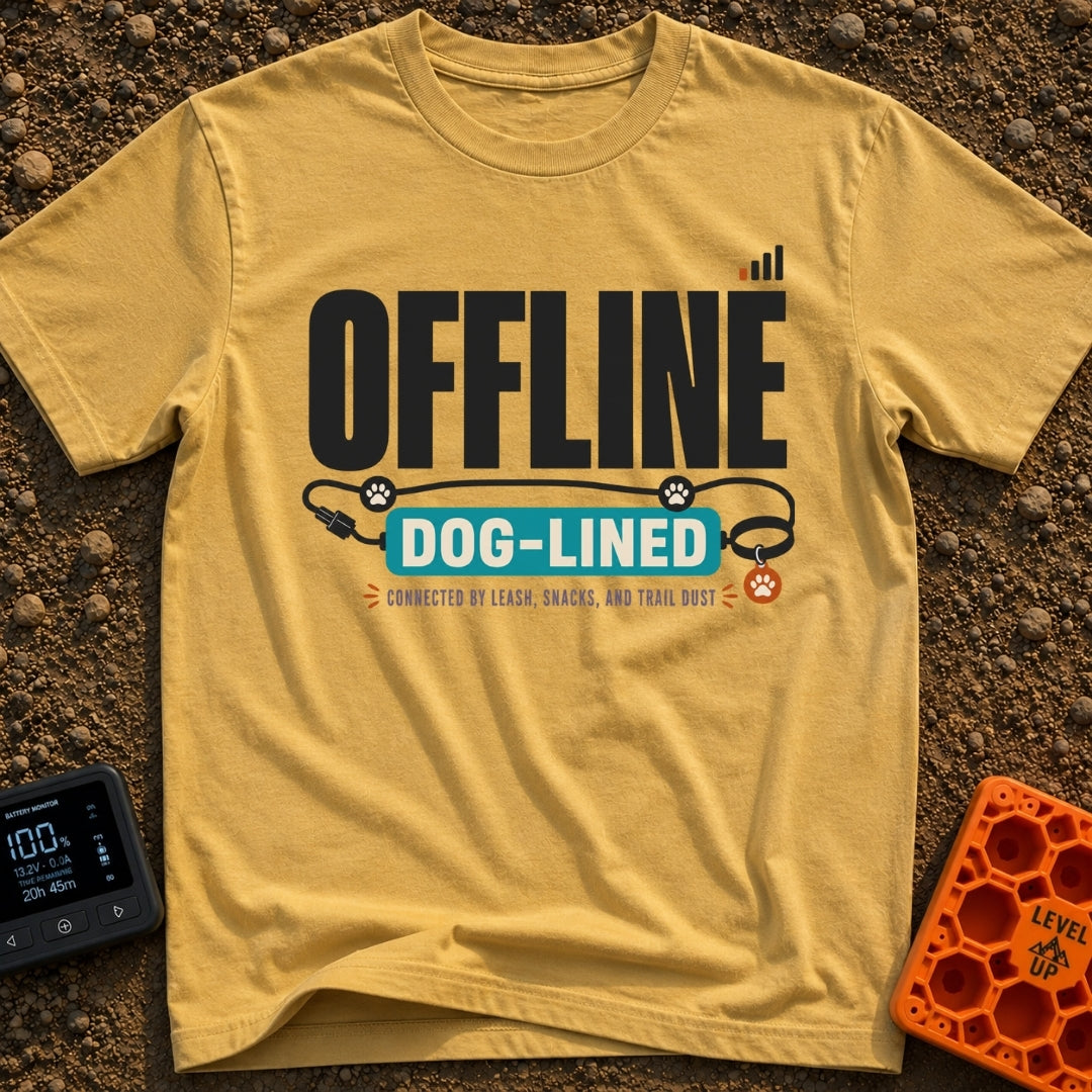 Offline Dog Lined - T-Shirt in Mustard - Graphic text reading "OFFLINE" next to a low cell phone signal icon, positioned...