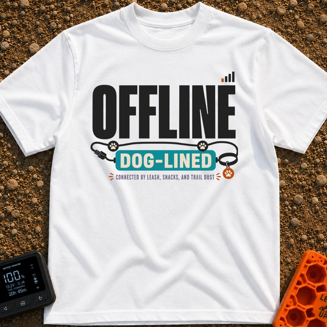 Offline Dog Lined - T-Shirt in White - Graphic text reading "OFFLINE" next to a low cell phone signal icon, positioned...