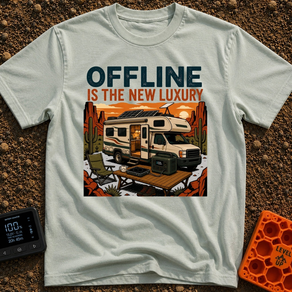 Zero Bars Five Stars - T-Shirt in Bay - An illustration of an RV parked in a desert landscape at sunset with roof-mounted...