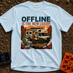 Zero Bars Five Stars - T-Shirt in Chambray - An illustration of an RV parked in a desert landscape at sunset with...