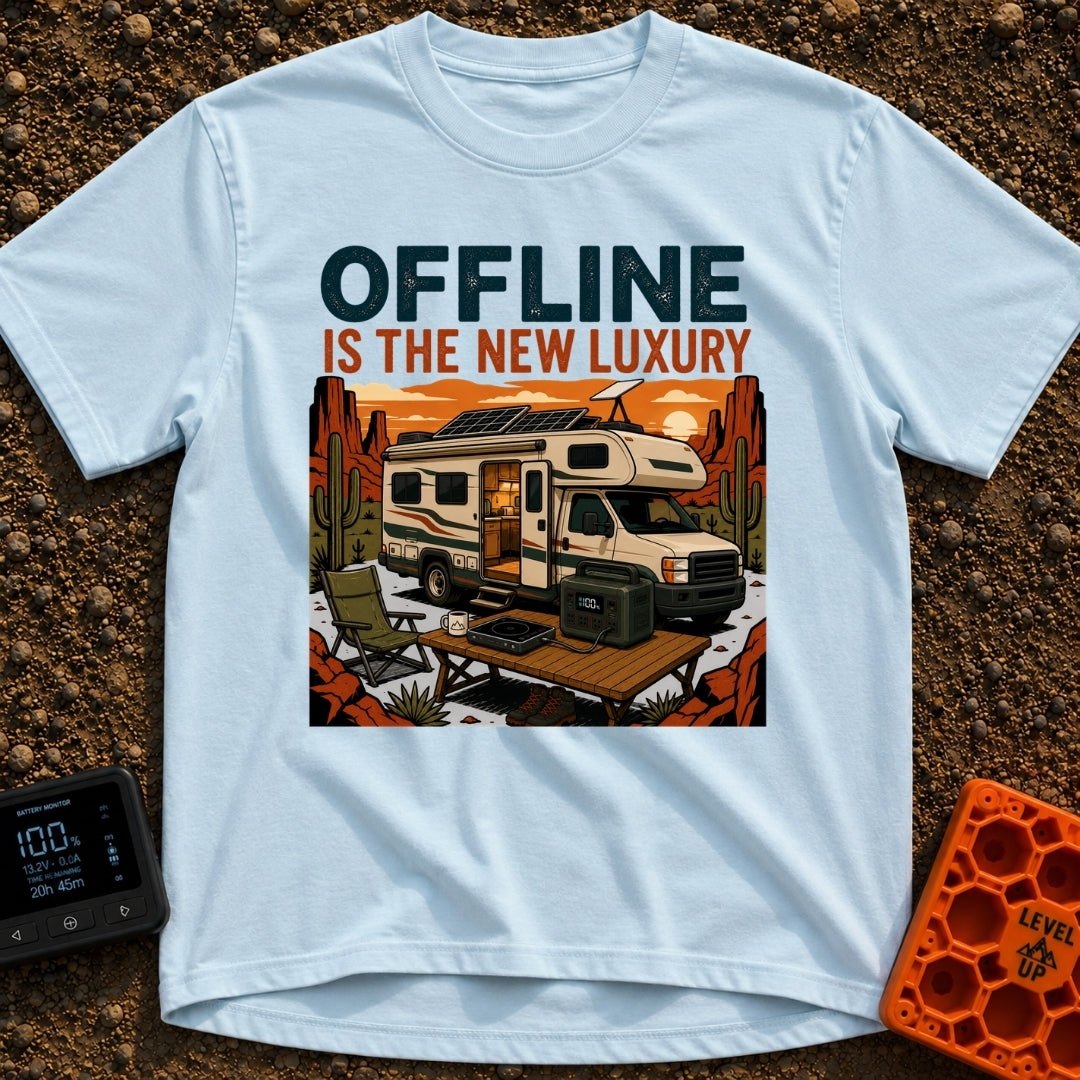 Zero Bars Five Stars - T-Shirt in Chambray - An illustration of an RV parked in a desert landscape at sunset with...