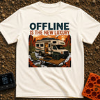 Zero Bars Five Stars - T-Shirt in Ivory - An illustration of an RV parked in a desert landscape at sunset with...