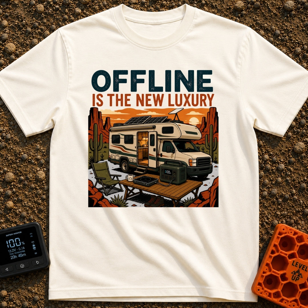 Zero Bars Five Stars - T-Shirt in Ivory - An illustration of an RV parked in a desert landscape at sunset with...