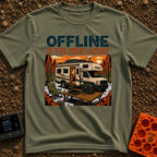Zero Bars Five Stars - T-Shirt in Moss - An illustration of an RV parked in a desert landscape at sunset with...