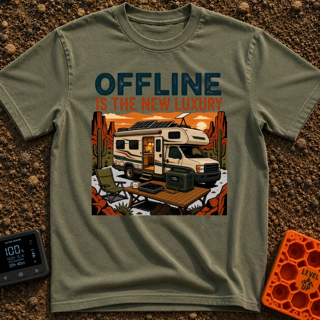 Zero Bars Five Stars - T-Shirt in Moss - An illustration of an RV parked in a desert landscape at sunset with...