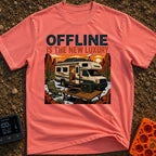 Zero Bars Five Stars - T-Shirt in Watermelon - An illustration of an RV parked in a desert landscape at sunset with...