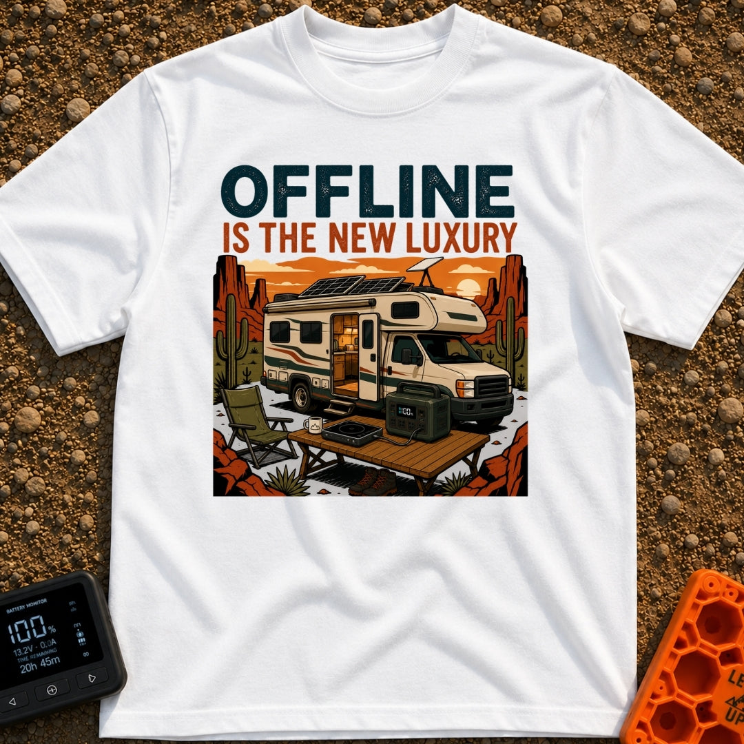 Zero Bars Five Stars - T-Shirt in White - An illustration of an RV parked in a desert landscape at sunset with...