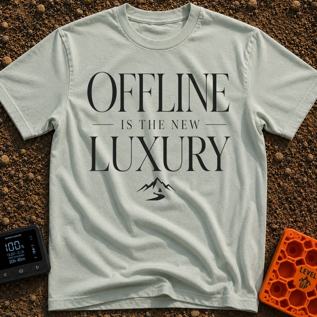 Offline Is Luxury - T-Shirt in Bay - The design features the stacked text "OFFLINE IS THE NEW LUXURY" in an elegant black...