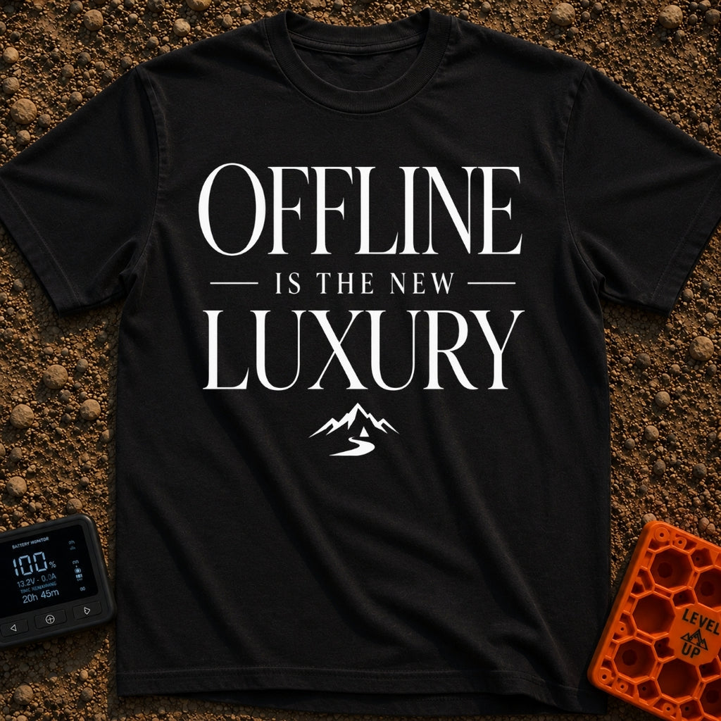 Offline Is Luxury - T-Shirt in Black - The design features the stacked text "OFFLINE IS THE NEW LUXURY" in an elegant...