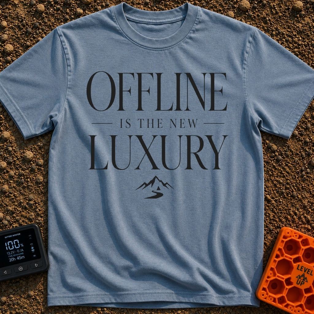 Offline Is Luxury - T-Shirt in Blue Jean - The design features the stacked text "OFFLINE IS THE NEW LUXURY" in an elegant...