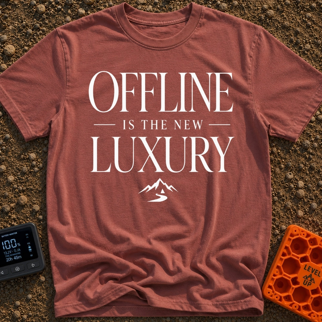 Offline Is Luxury - T-Shirt in Brick - The design features the stacked text "OFFLINE IS THE NEW LUXURY" in an elegant...