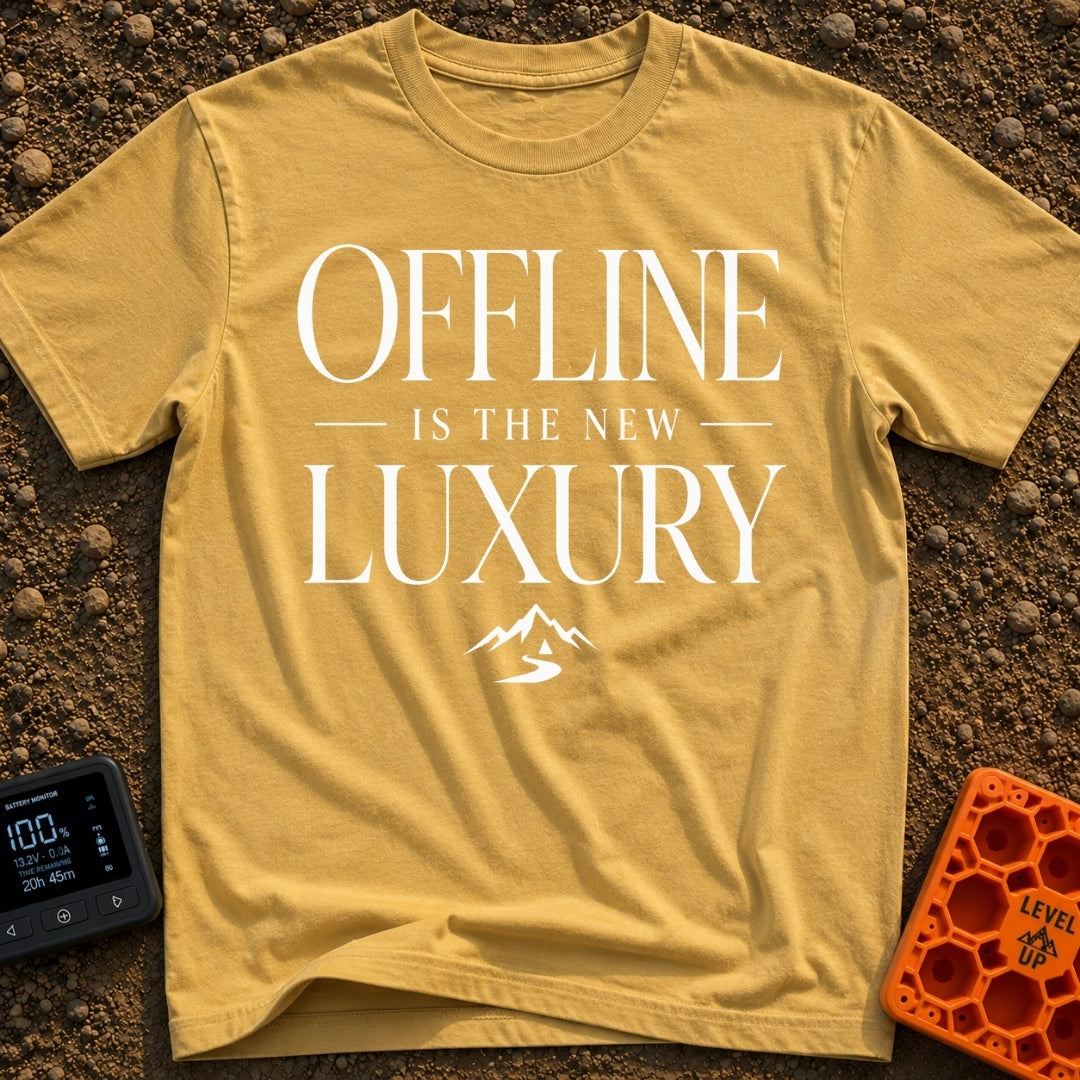 Offline Is Luxury - T-Shirt in Mustard - The design features the stacked text "OFFLINE IS THE NEW LUXURY" in an elegant...