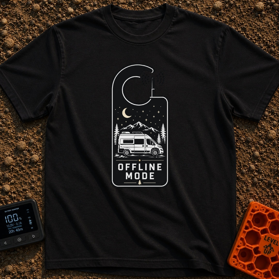 The Great Offline - T-Shirt in Black - A black and white graphic shaped like a hotel door hanger with an antenna emitting...