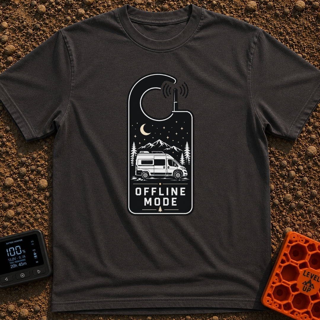 The Great Offline - T-Shirt in Graphite - A black and white graphic shaped like a hotel door hanger with an antenna...