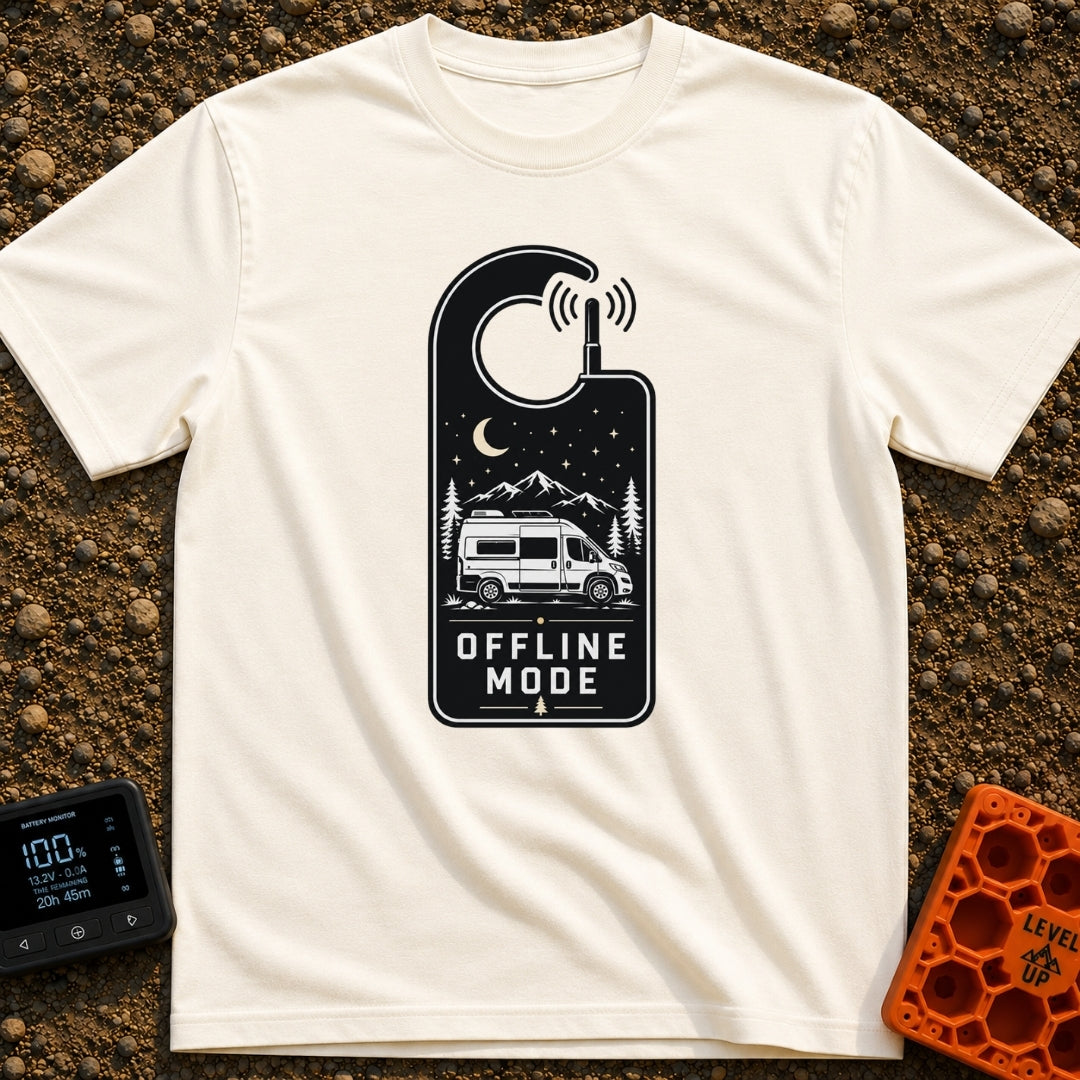 The Great Offline - T-Shirt in Ivory - A black and white graphic shaped like a hotel door hanger with an antenna emitting...