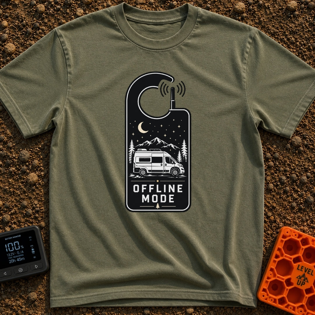The Great Offline - T-Shirt in Moss - A black and white graphic shaped like a hotel door hanger with an antenna emitting...