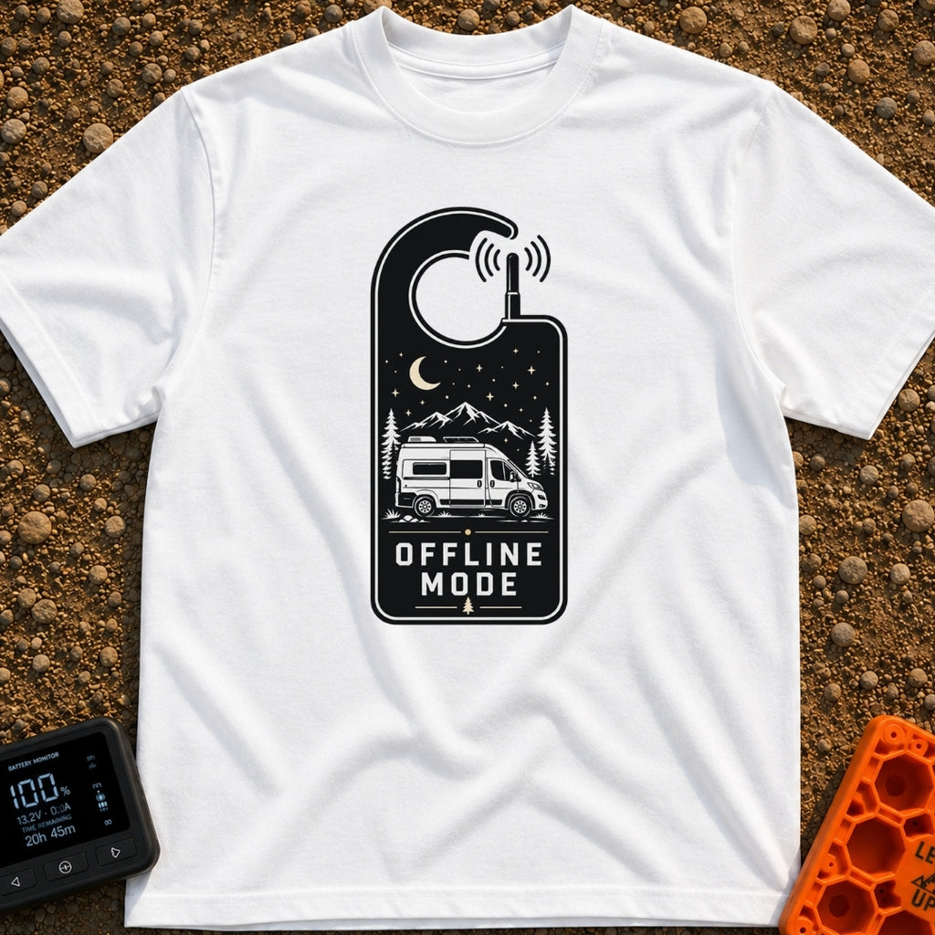 The Great Offline - T-Shirt in White - A black and white graphic shaped like a hotel door hanger with an antenna emitting...