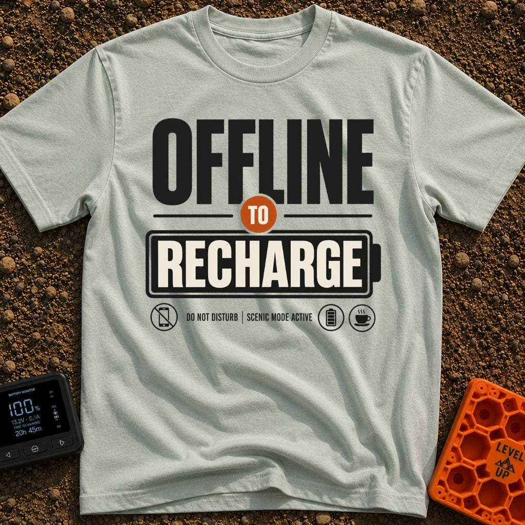 Offline To Recharge - T-Shirt in Bay - A typographic design featuring the large text "OFFLINE TO RECHARGE", with the word...
