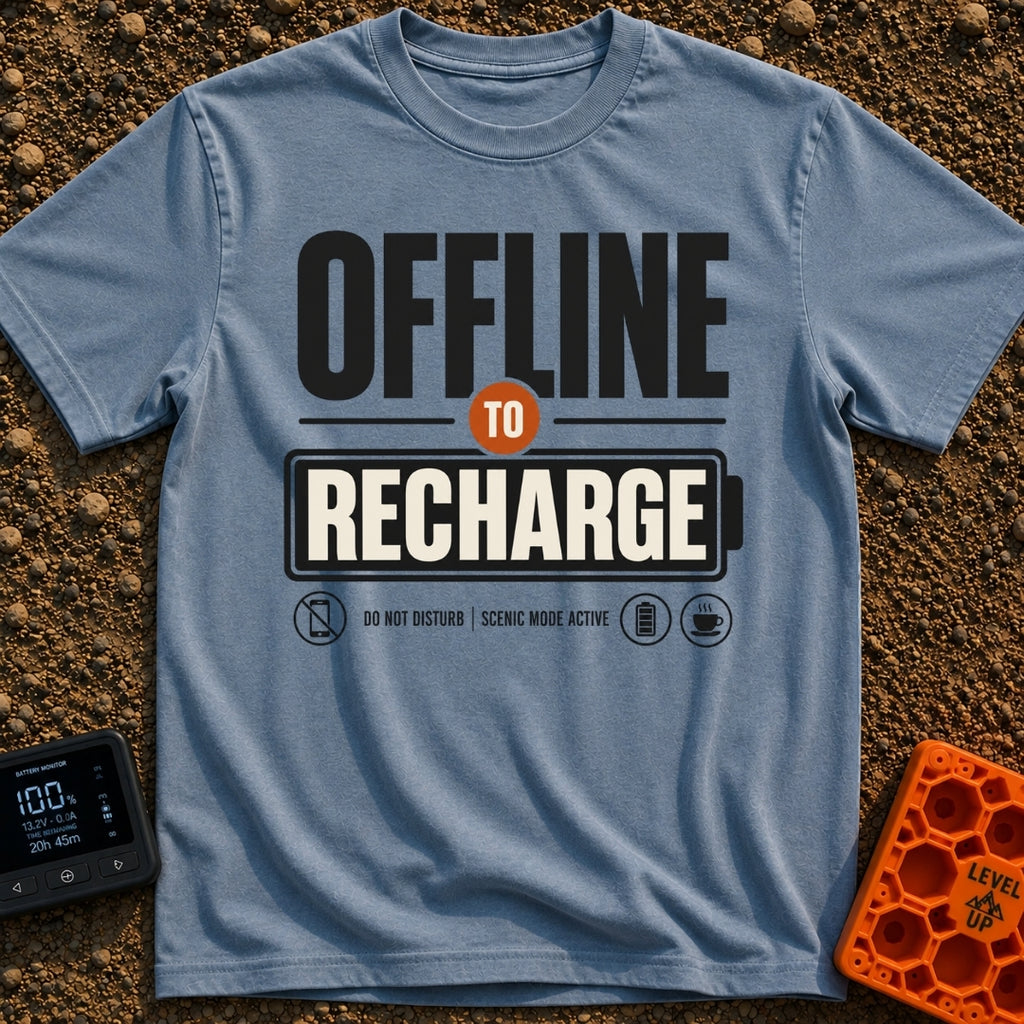 Offline To Recharge - T-Shirt in Blue Jean - A typographic design featuring the large text "OFFLINE TO RECHARGE", with...