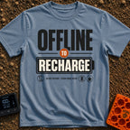Offline To Recharge - T-Shirt in Blue Jean - A typographic design featuring the large text "OFFLINE TO RECHARGE", with...
