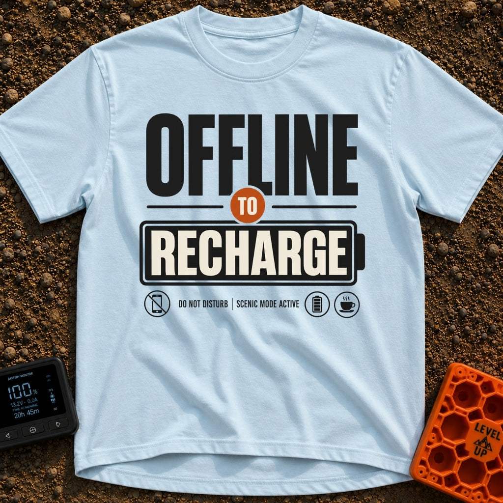 Offline To Recharge - T-Shirt in Chambray - A typographic design featuring the large text "OFFLINE TO RECHARGE", with the...