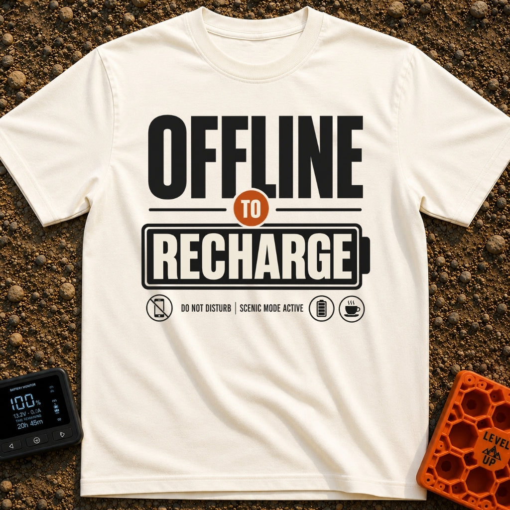 Offline To Recharge - T-Shirt in Ivory - A typographic design featuring the large text "OFFLINE TO RECHARGE", with the...