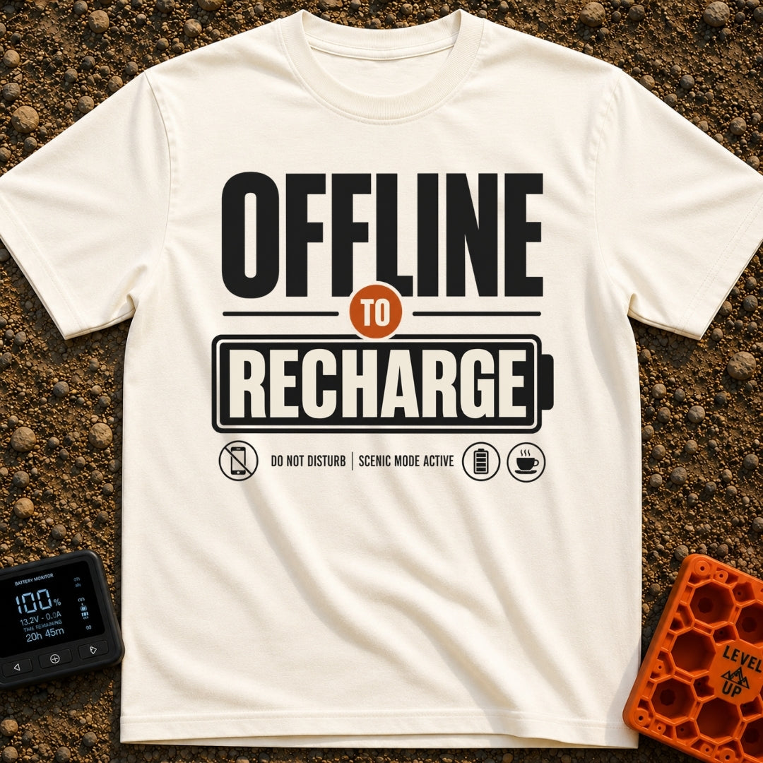 Offline To Recharge - T-Shirt in Ivory - A typographic design featuring the large text "OFFLINE TO RECHARGE", with the...