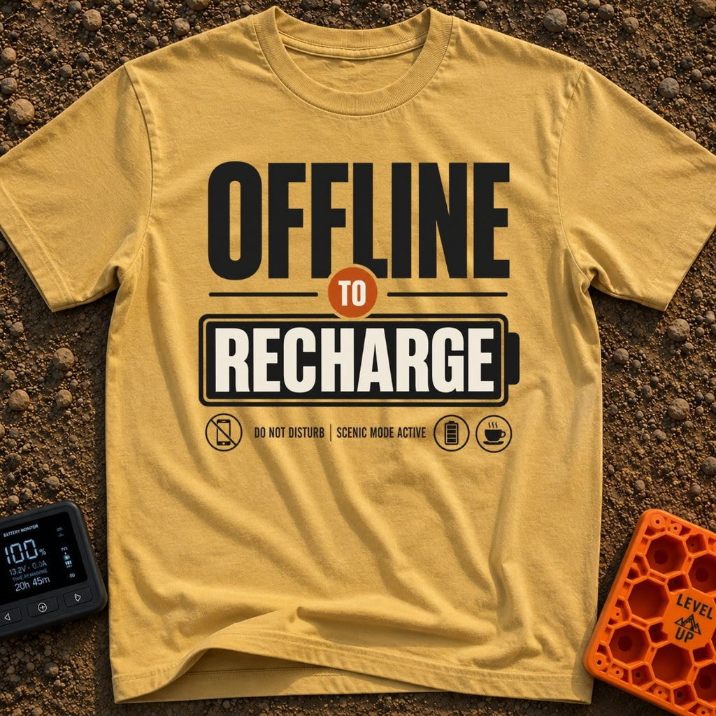 Offline To Recharge - T-Shirt in Mustard - A typographic design featuring the large text "OFFLINE TO RECHARGE", with the...