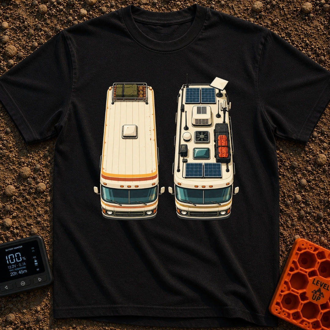 Old Souls New Roads - T-Shirt in Black - A top-down illustration of two identical motorhomes parked side-by-side, showing...