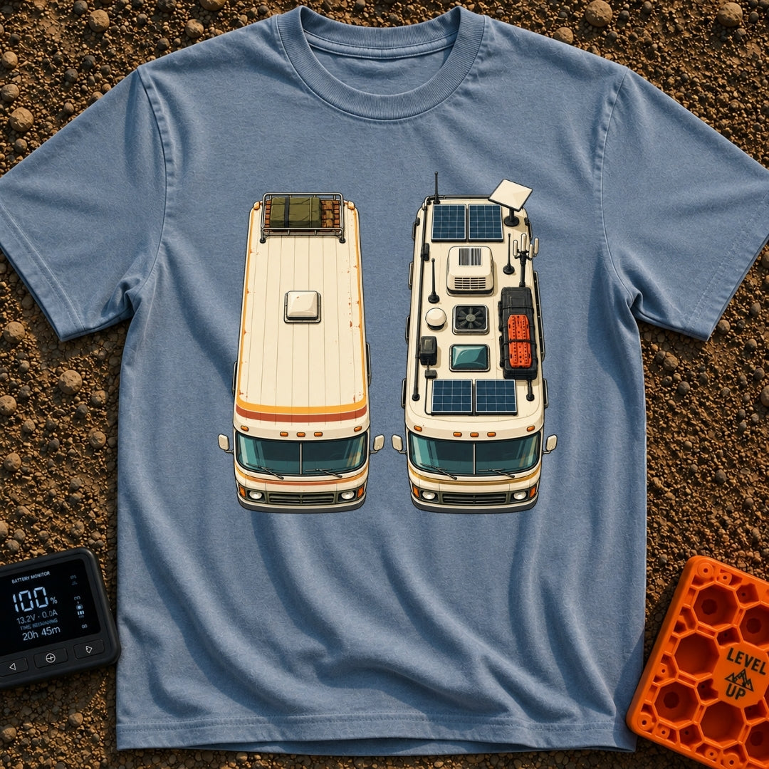 Old Souls New Roads - T-Shirt in Blue Jean - A top-down illustration of two identical motorhomes parked side-by-side,...