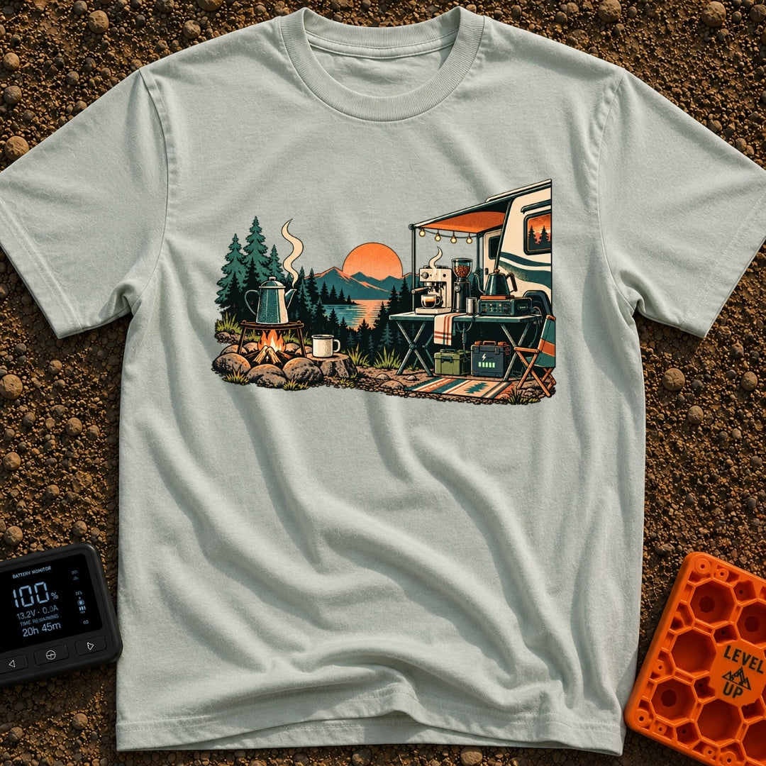 Same Brew New View - T-Shirt in Bay - A scenic campsite near a lake and mountains showing two ways to make coffee. On the...