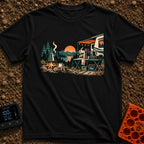 Same Brew New View - T-Shirt in Black - A scenic campsite near a lake and mountains showing two ways to make coffee. On...