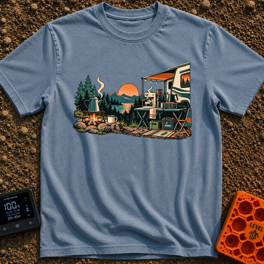 Same Brew New View - T-Shirt in Blue Jean - A scenic campsite near a lake and mountains showing two ways to make coffee....