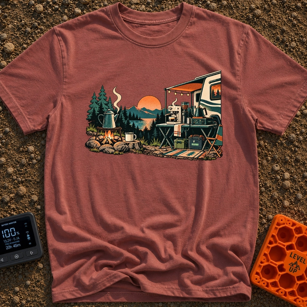 Same Brew New View - T-Shirt in Brick - A scenic campsite near a lake and mountains showing two ways to make coffee. On...