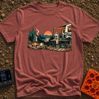 Same Brew New View - T-Shirt in Brick - A scenic campsite near a lake and mountains showing two ways to make coffee. On...