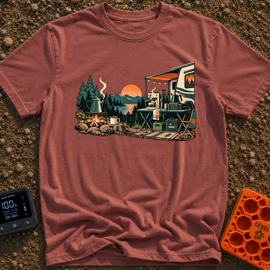Same Brew New View - T-Shirt in Brick - A scenic campsite near a lake and mountains showing two ways to make coffee. On...