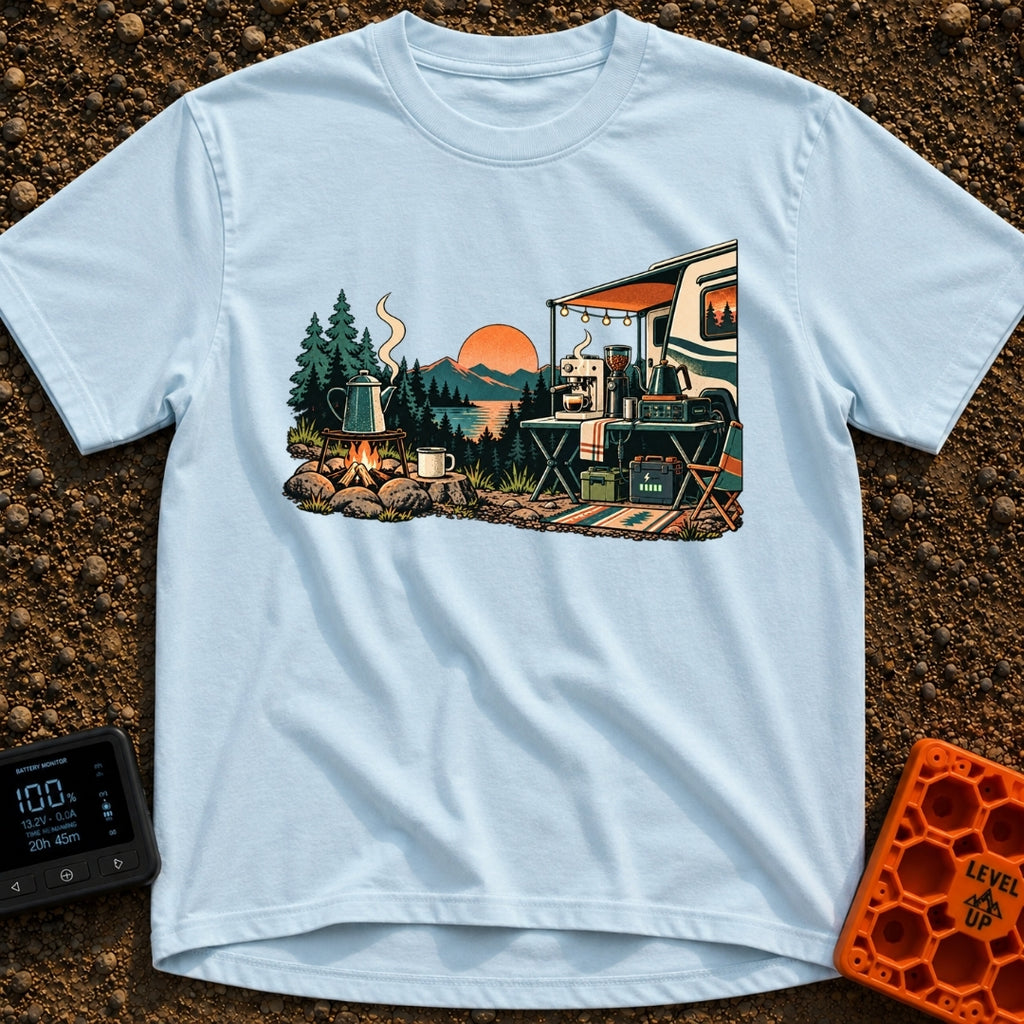 Same Brew New View - T-Shirt in Chambray - A scenic campsite near a lake and mountains showing two ways to make coffee....