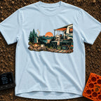 Same Brew New View - T-Shirt in Chambray - A scenic campsite near a lake and mountains showing two ways to make coffee....
